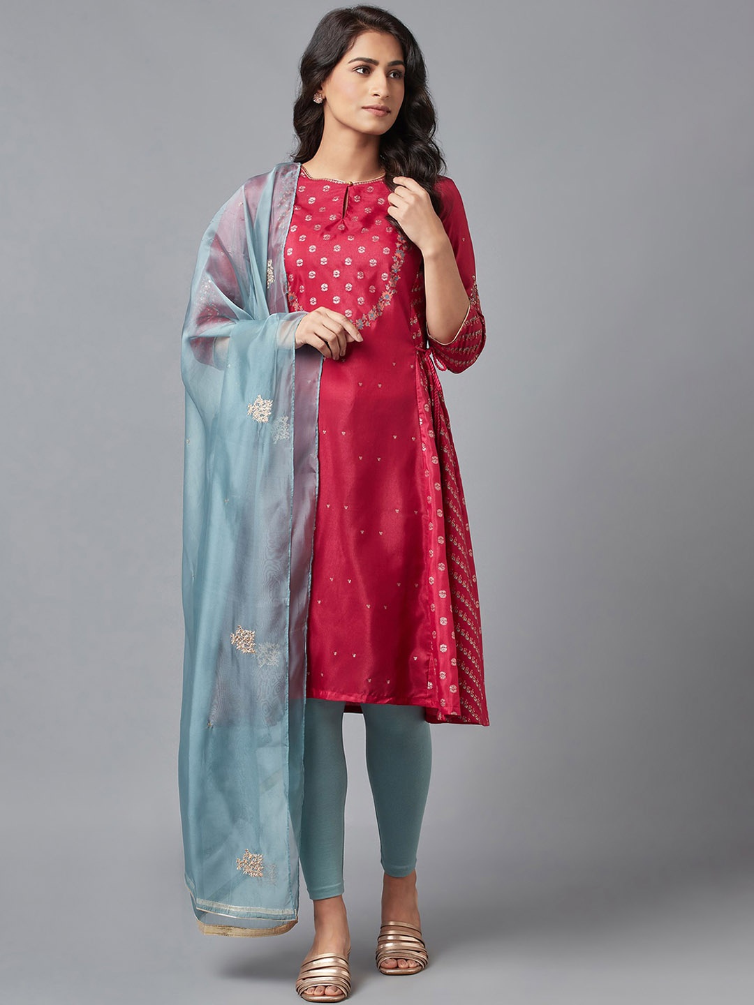 

W Women Red Ethnic Motifs Printed Panelled Kurta With Leggings & Dupatta