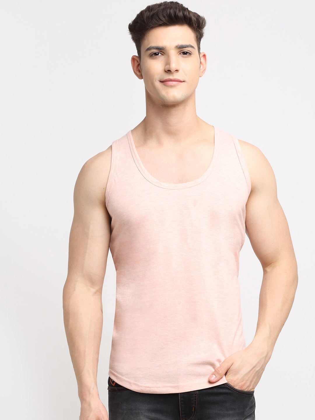 

Friskers Men Peach Solid Cotton Innerwear Vest