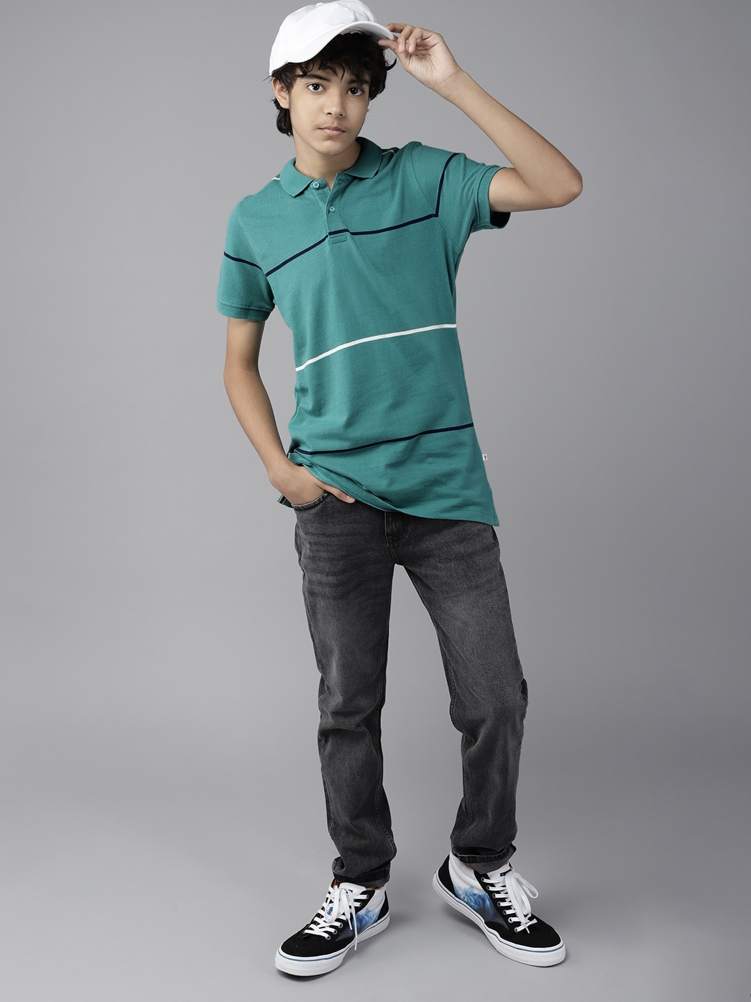 

UTH by Roadster Boys Teal Green & Navy Blue Striped Polo Collar Pure Cotton T-shirt