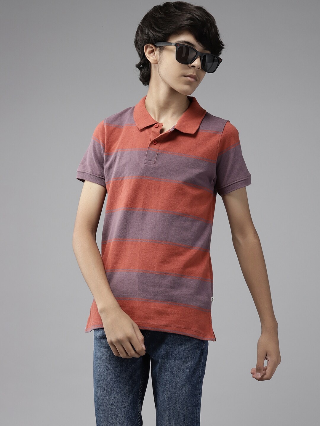 

UTH by Roadster Boys Rust Orange & Mauve Striped Polo Collar Pure Cotton T-shirt