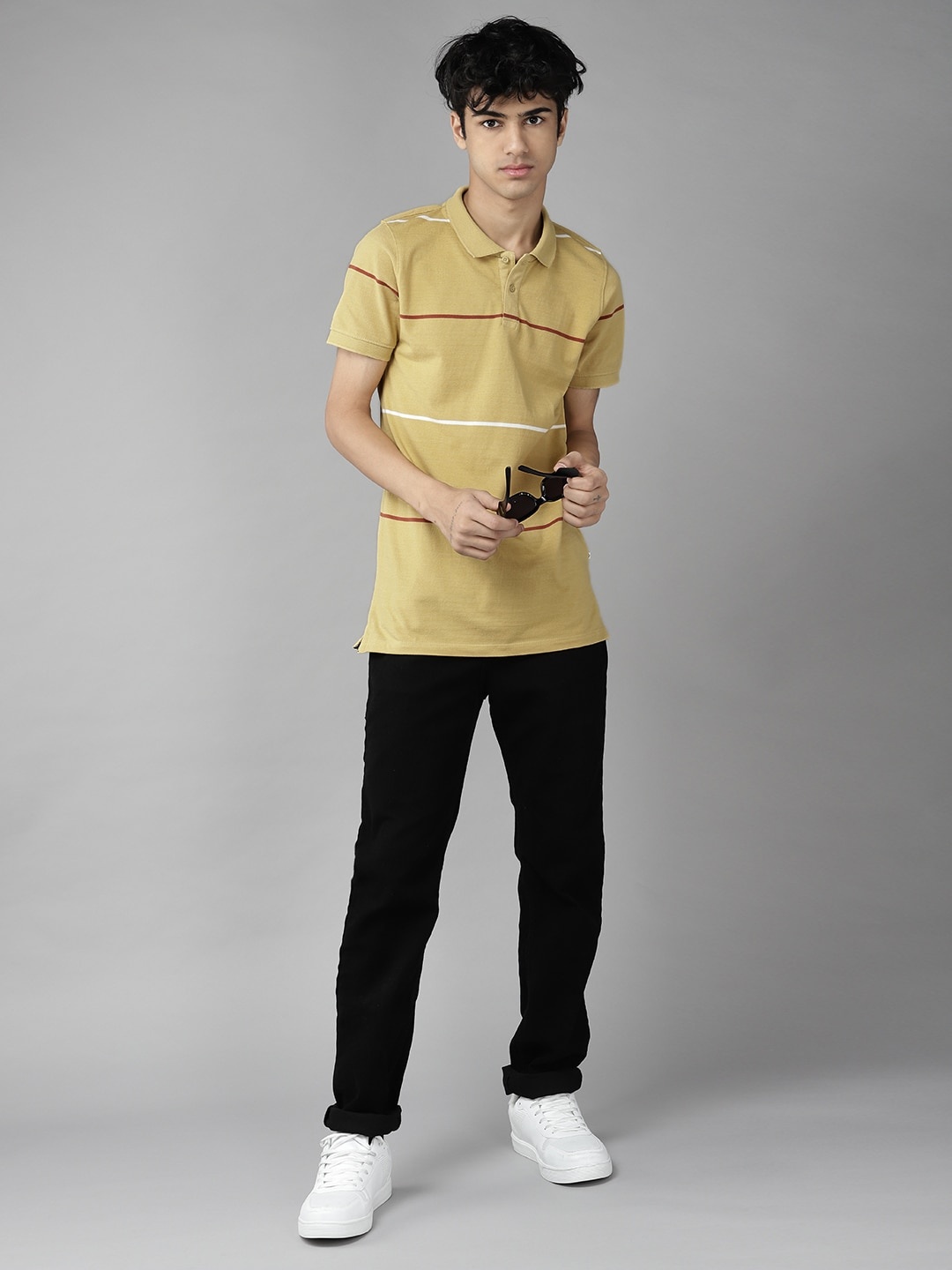 

UTH by Roadster Boys Yellow & Off White Striped Polo Collar Pure Cotton T-shirt