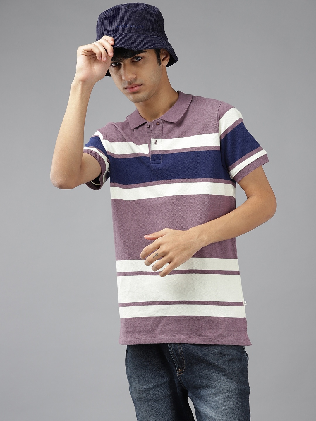 

UTH by Roadster Boys Purple & Off White Striped Polo Collar Pure Cotton T-shirt