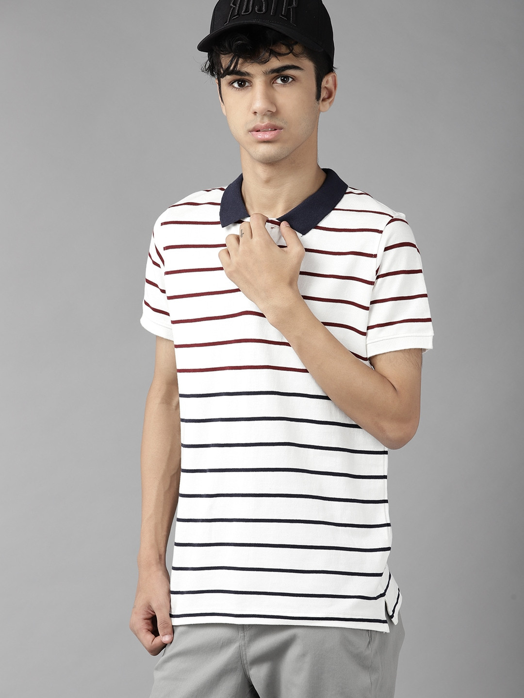 

UTH by Roadster Boys White & Maroon Striped Polo Collar Pure Cotton T-shirt