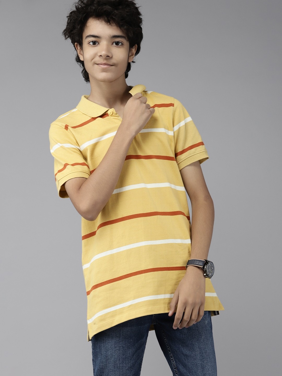 

UTH by Roadster Boys Beige & White Striped Polo Collar Pure Cotton T-shirt