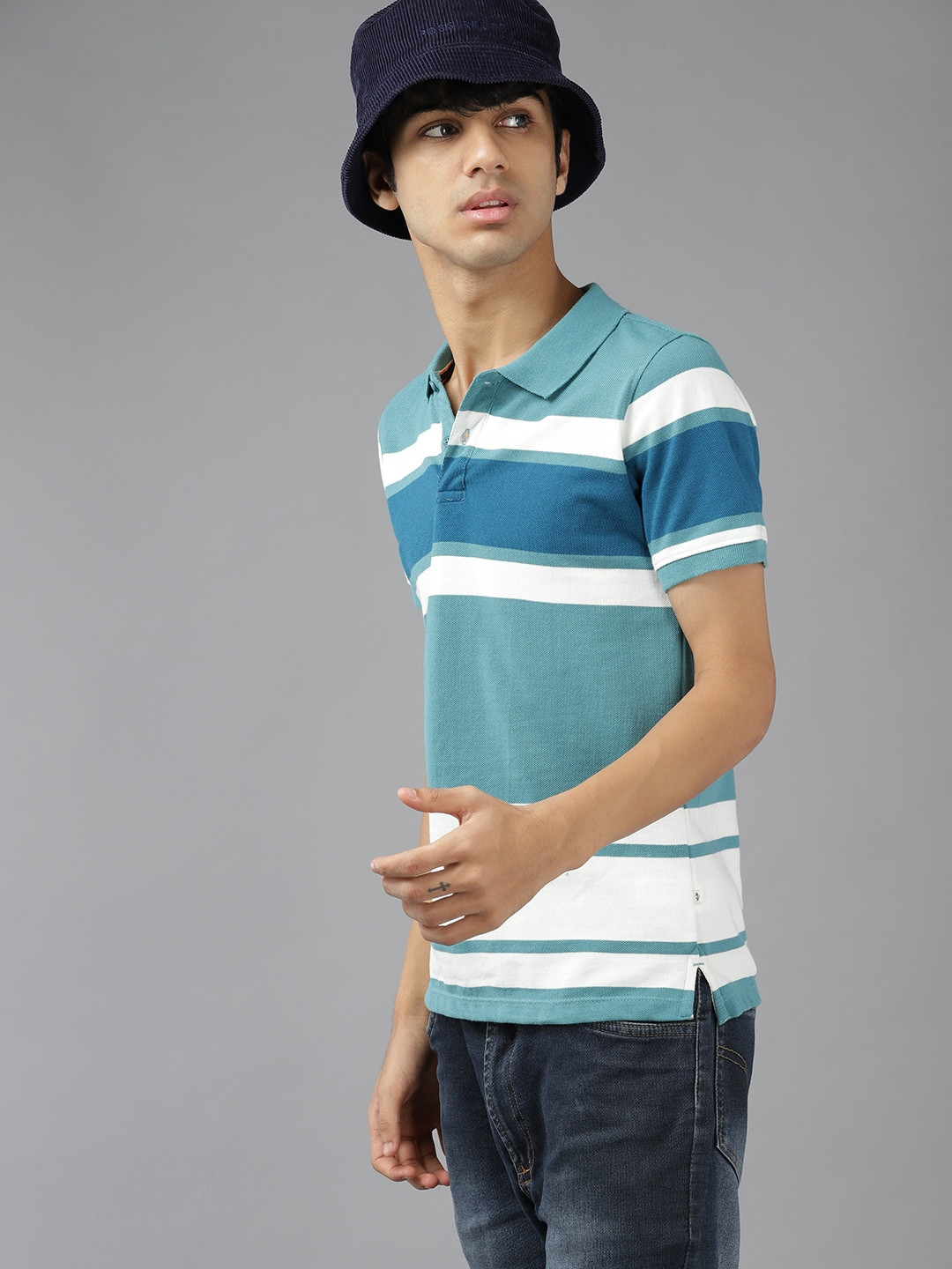 

UTH by Roadster Boys Blue & White Striped Polo Collar Pure Cotton T-shirt