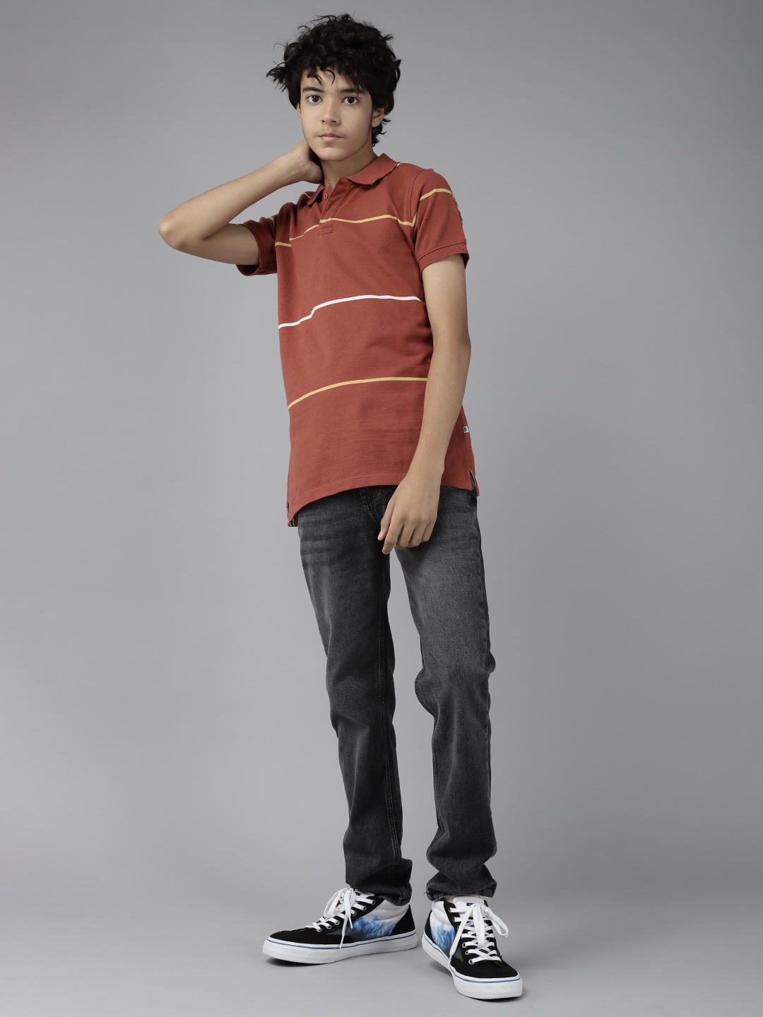 

UTH by Roadster Boys Rust Red & Yellow Striped Polo Collar Pure Cotton T-shirt