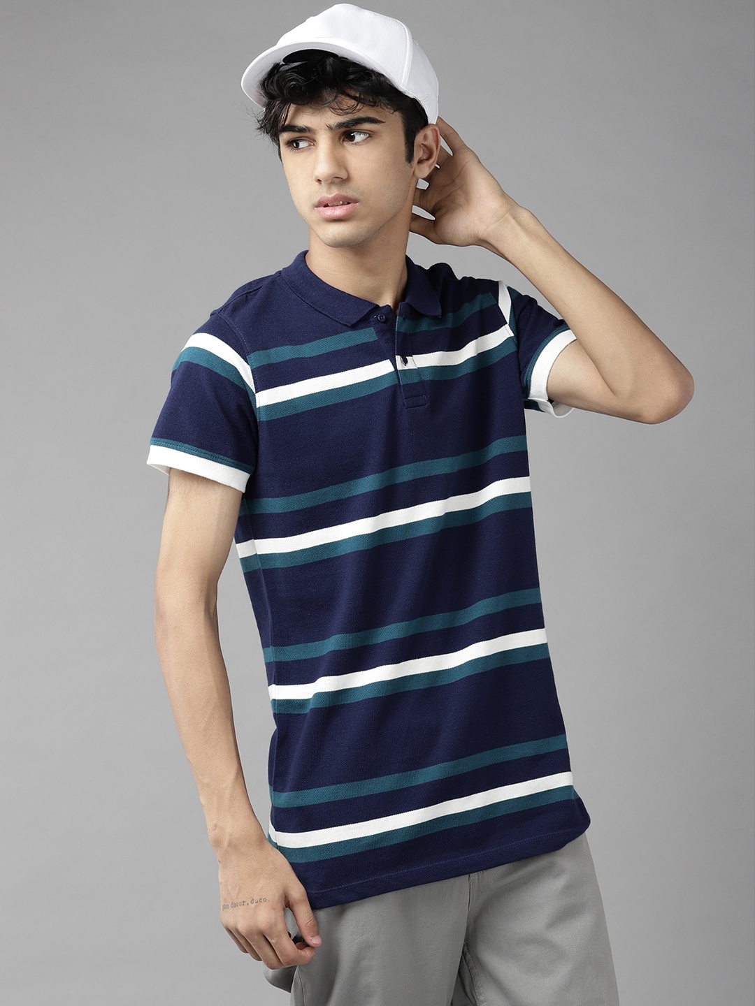 

UTH by Roadster Boys Navy Blue & White Striped Polo Collar Pure Cotton T-shirt