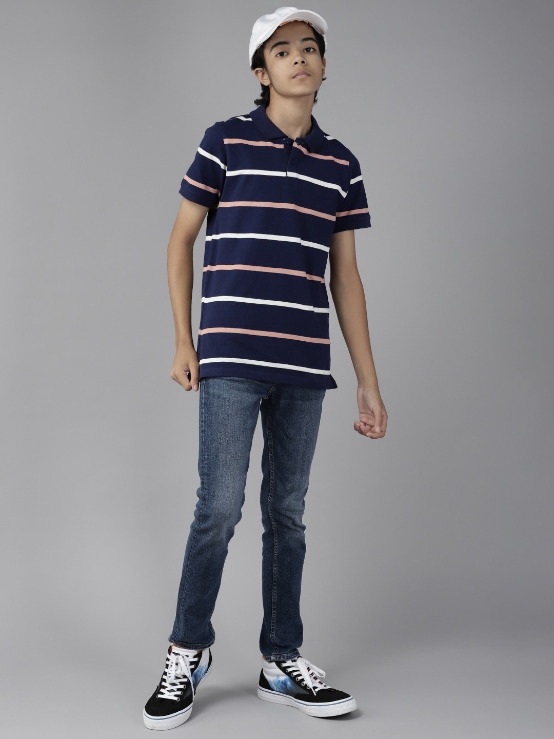 

UTH by Roadster Boys Blue & Pink Striped Polo Collar Pure Cotton T-shirt