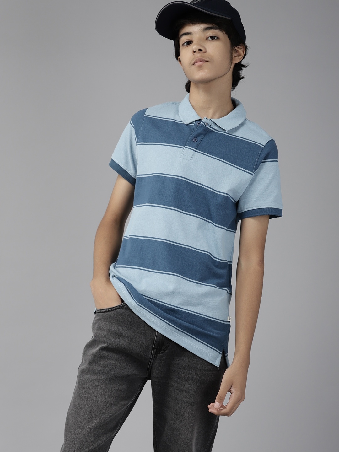

UTH by Roadster Boys Blue Striped Polo Collar Pure Cotton T-shirt