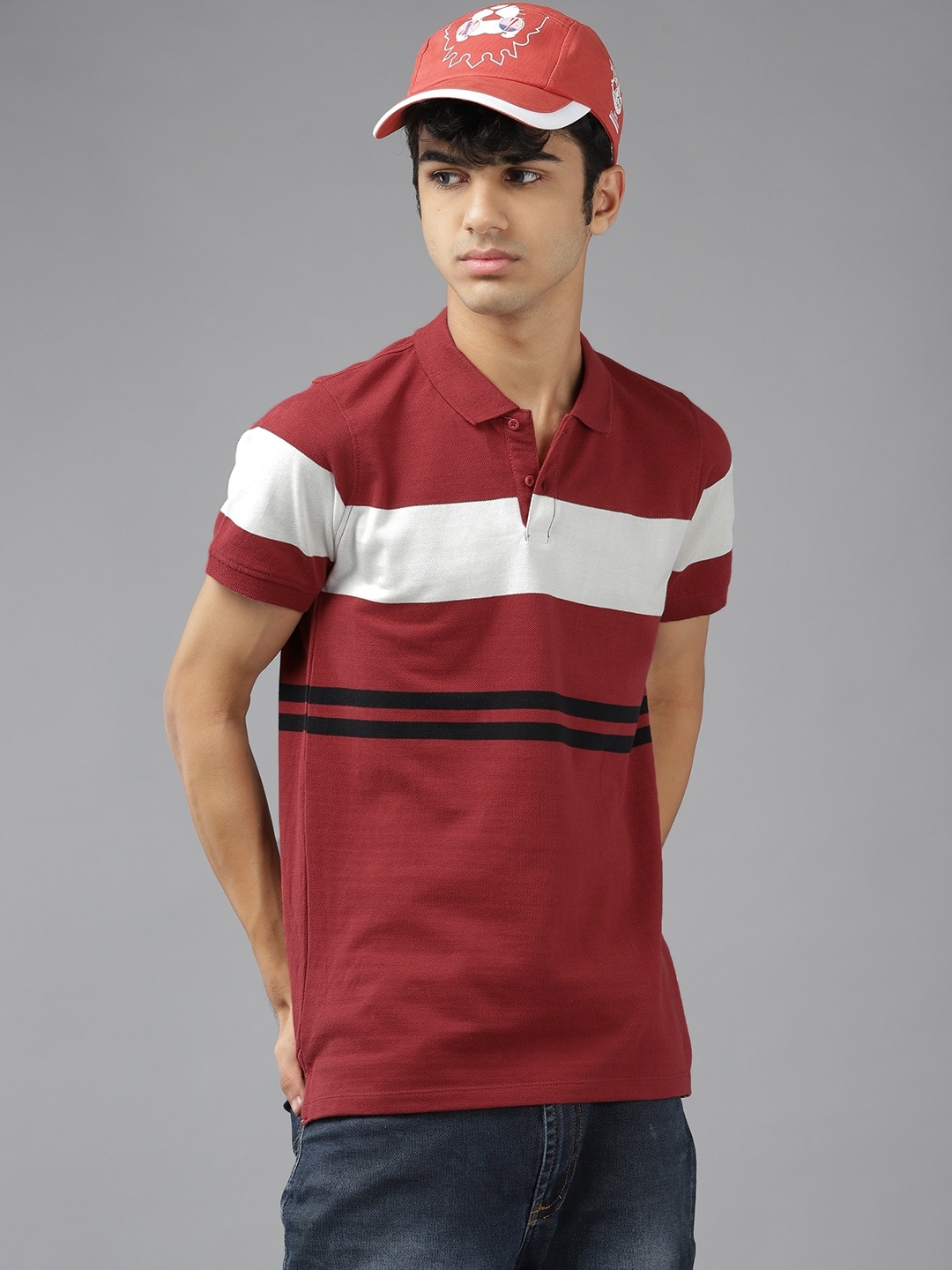 

UTH by Roadster Boys Red & White Striped Polo Collar Pure Cotton T-shirt
