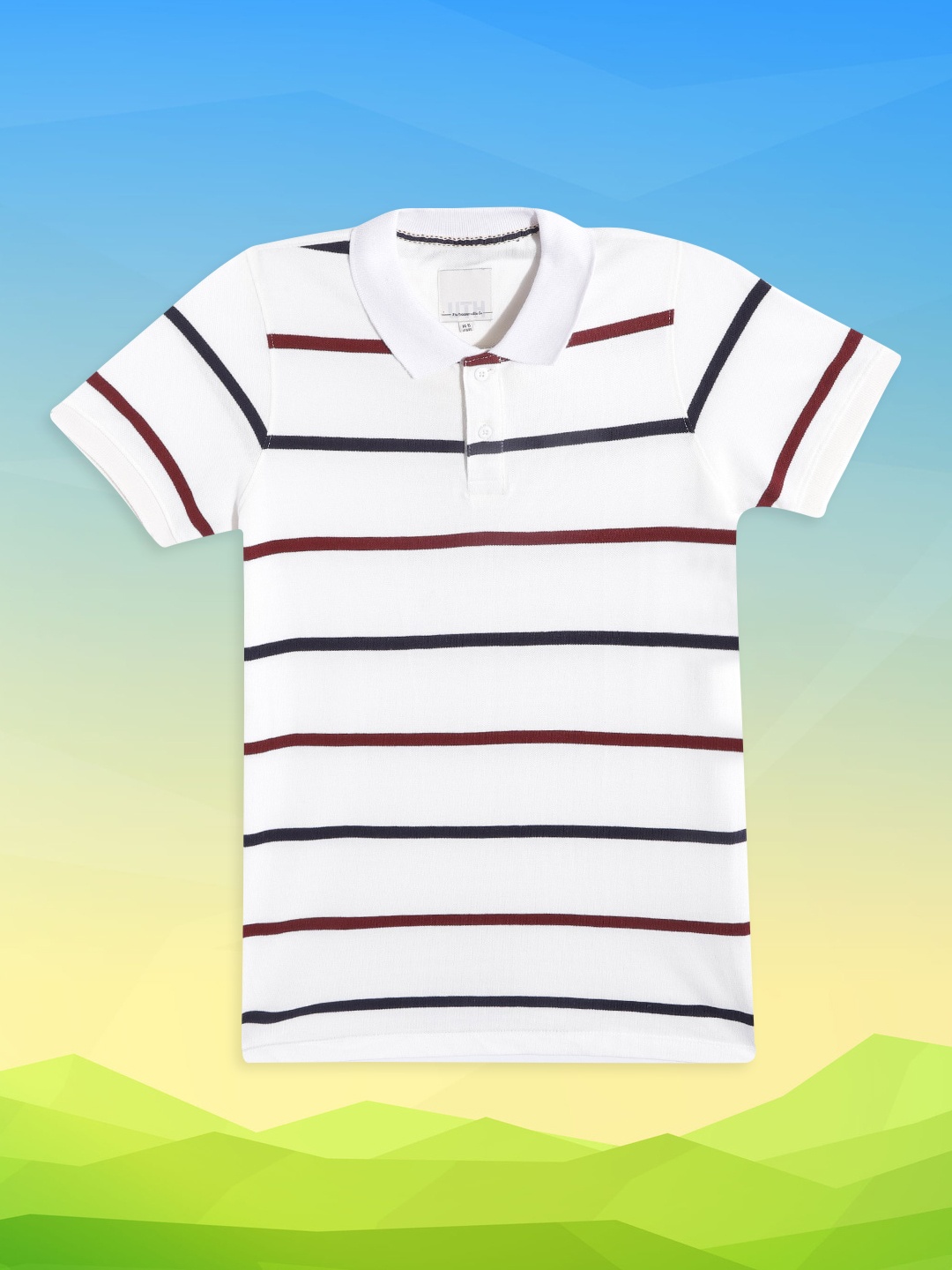 

UTH by Roadster Boys White & Black Striped Polo Collar Pure Cotton T-shirt