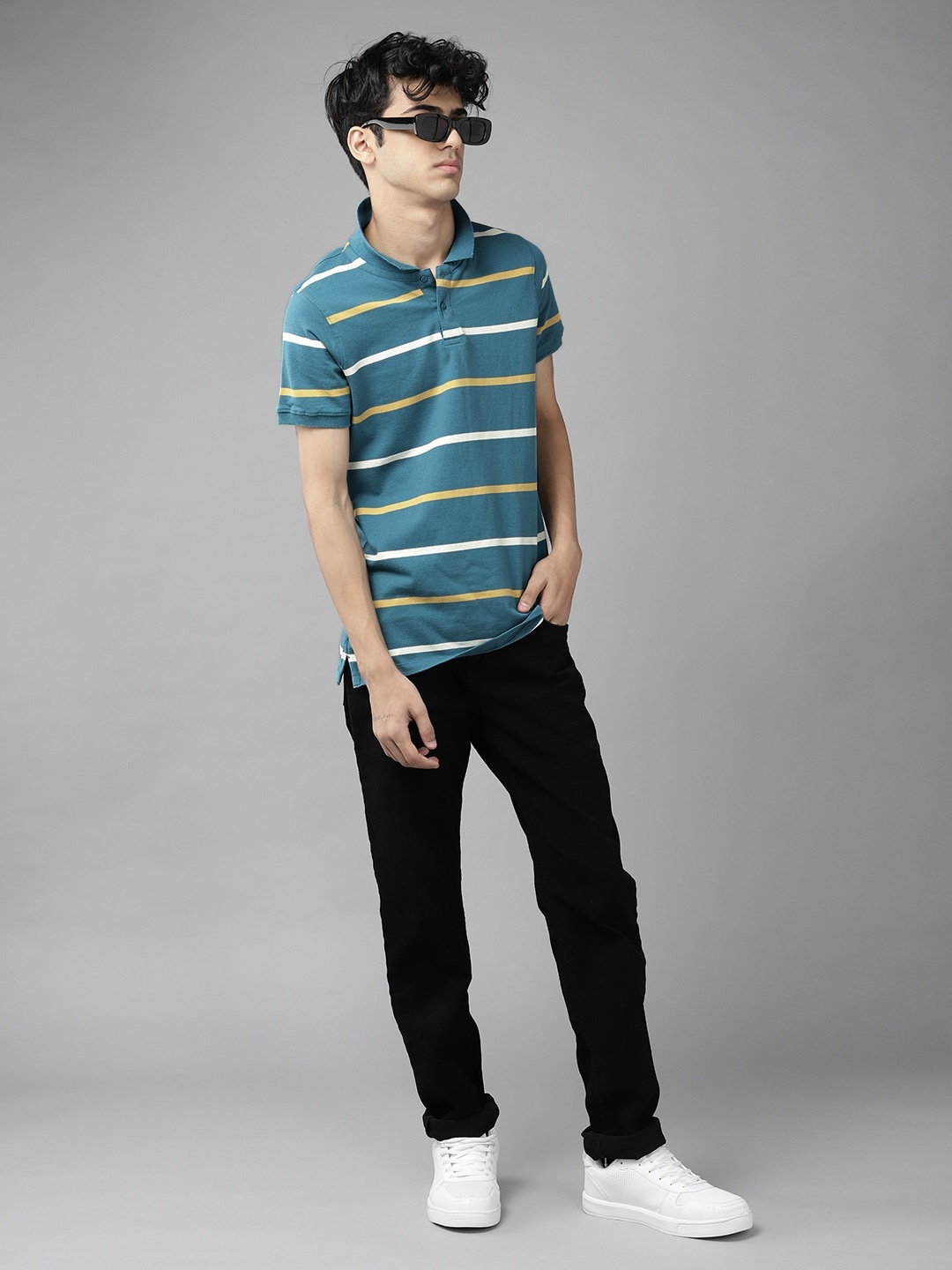 

UTH by Roadster Boys Teal Blue & Yellow Striped Polo Collar Pure Cotton T-shirt