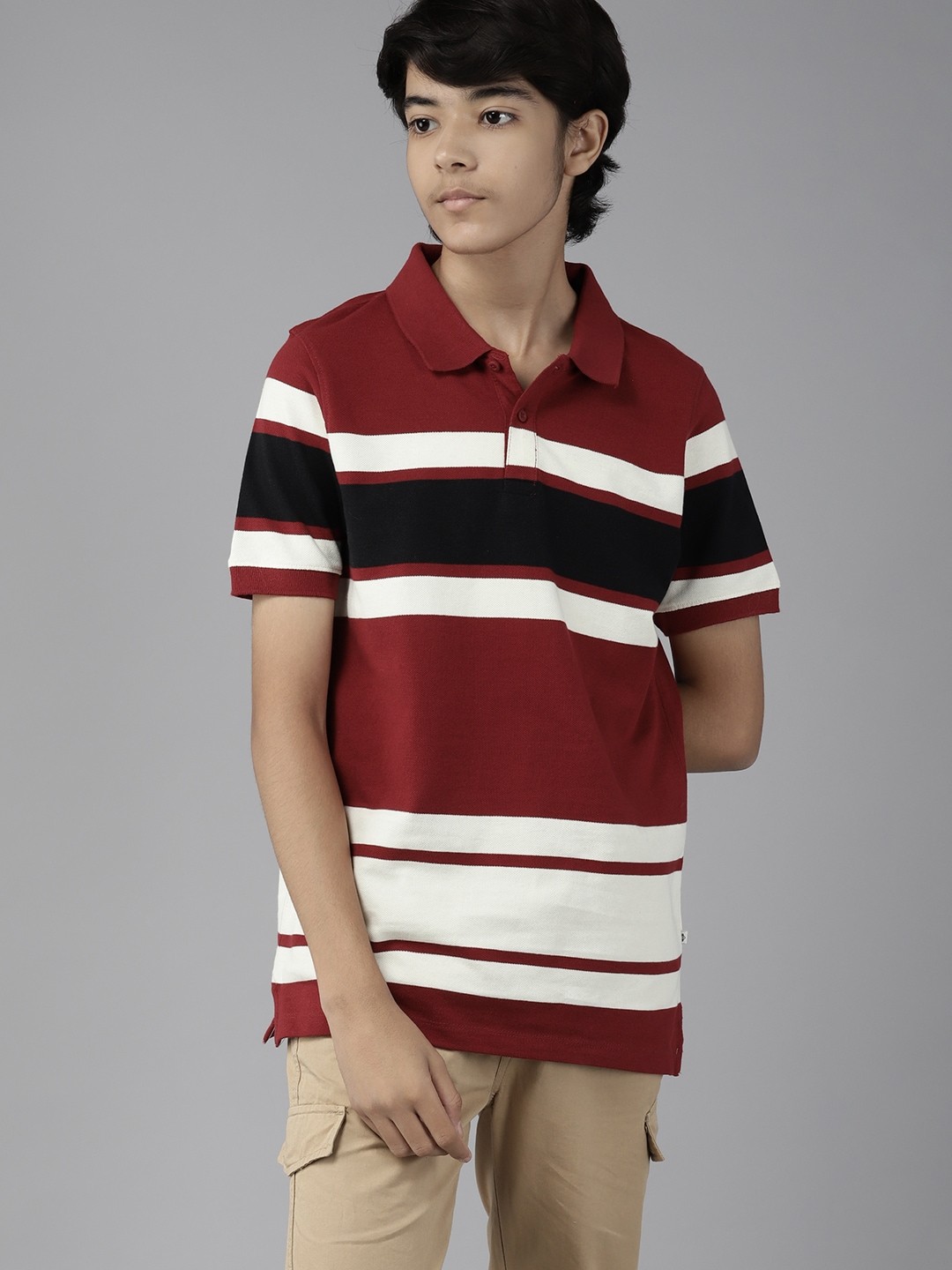 

UTH by Roadster Boys Maroon & Off White Striped Polo Collar Pure Cotton T-shirt