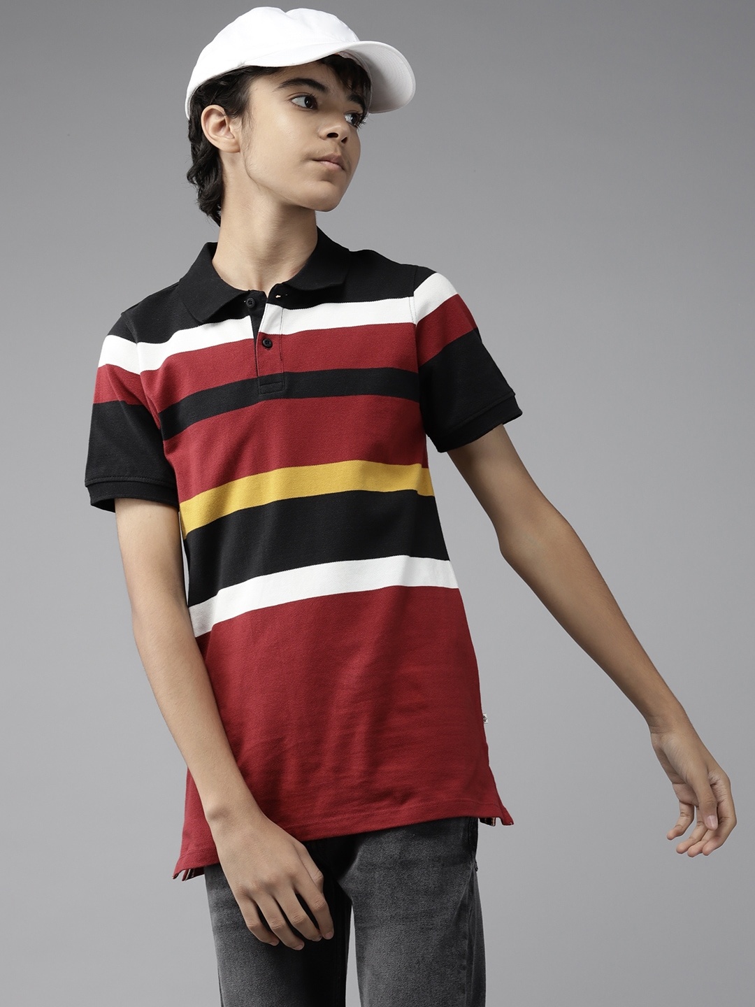 

UTH by Roadster Boys Maroon & Black Striped Polo Collar Pure Cotton T-shirt