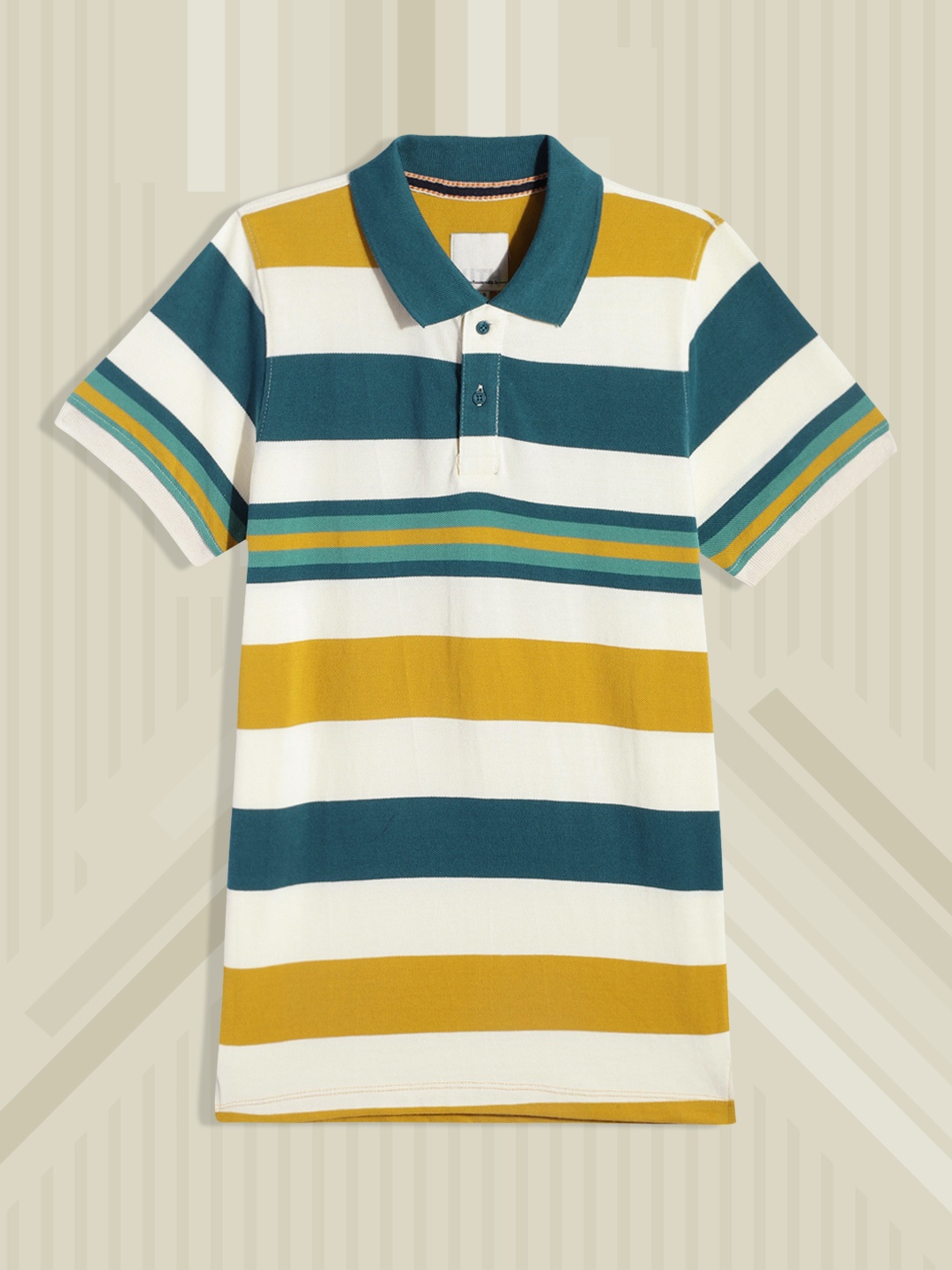 

UTH by Roadster Boys Off White & Yellow Striped Pure Cotton Polo Collar T-shirt