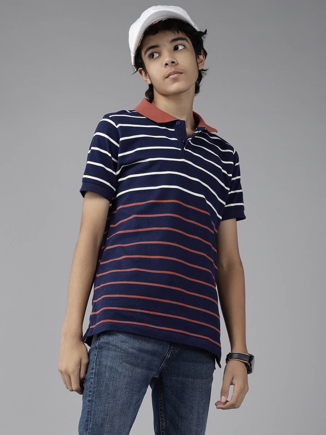 

UTH by Roadster Boys Navy Blue & White Striped Polo Collar Pure Cotton T-shirt