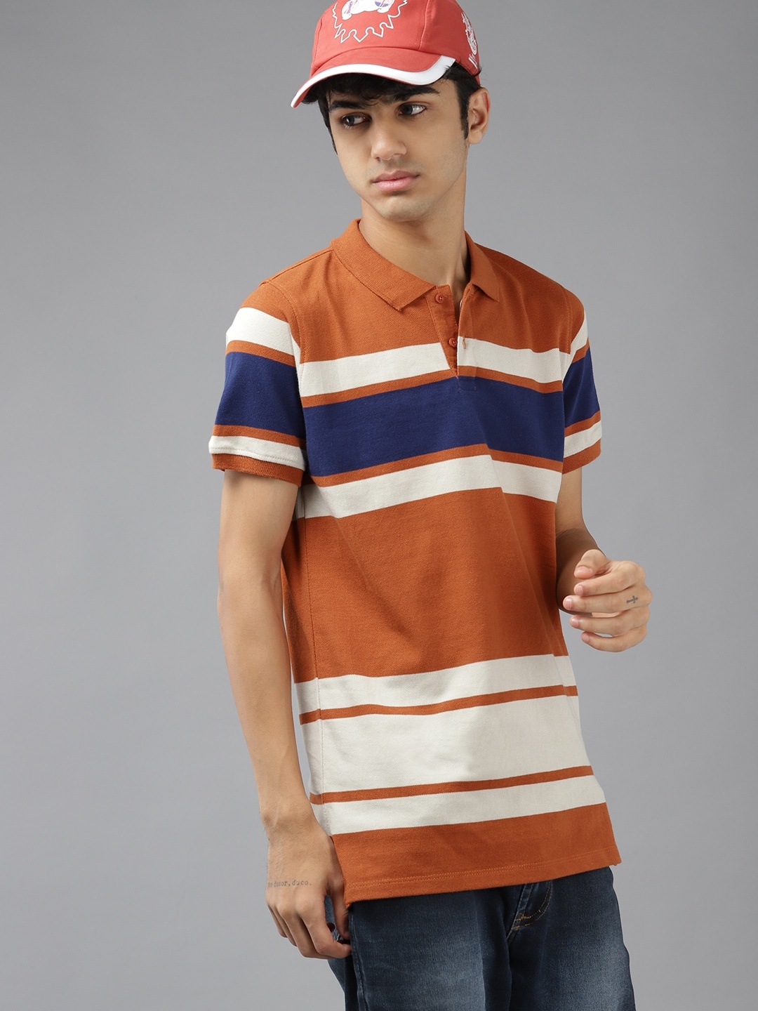 

UTH by Roadster Boys Rust Orange & Off White Striped Polo Collar Pure Cotton T-shirt