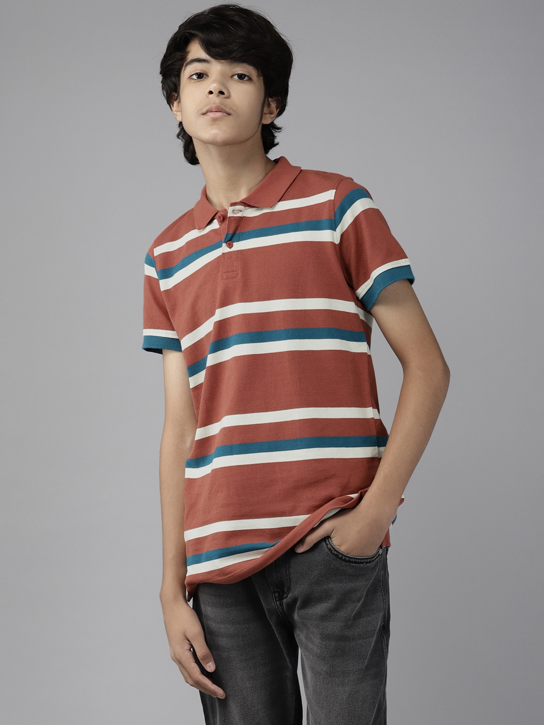 

UTH by Roadster Boys Rust Red & Off White Striped Polo Collar Pure Cotton T-shirt