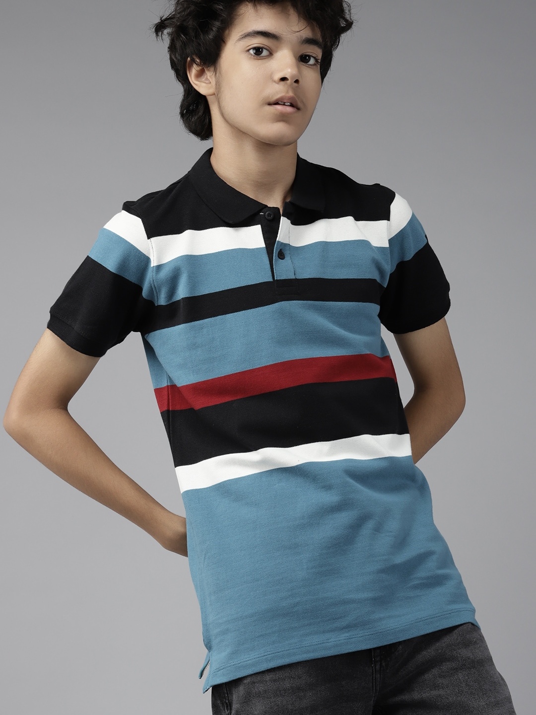 

UTH by Roadster Boys Teal Blue & Black Striped Polo Collar Pure Cotton T-shirt