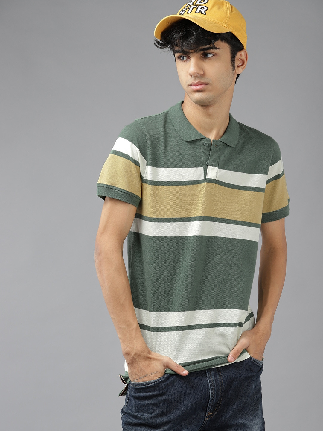 

UTH by Roadster Boys Olive Green & Yellow Striped Polo Collar Pure Cotton T-shirt