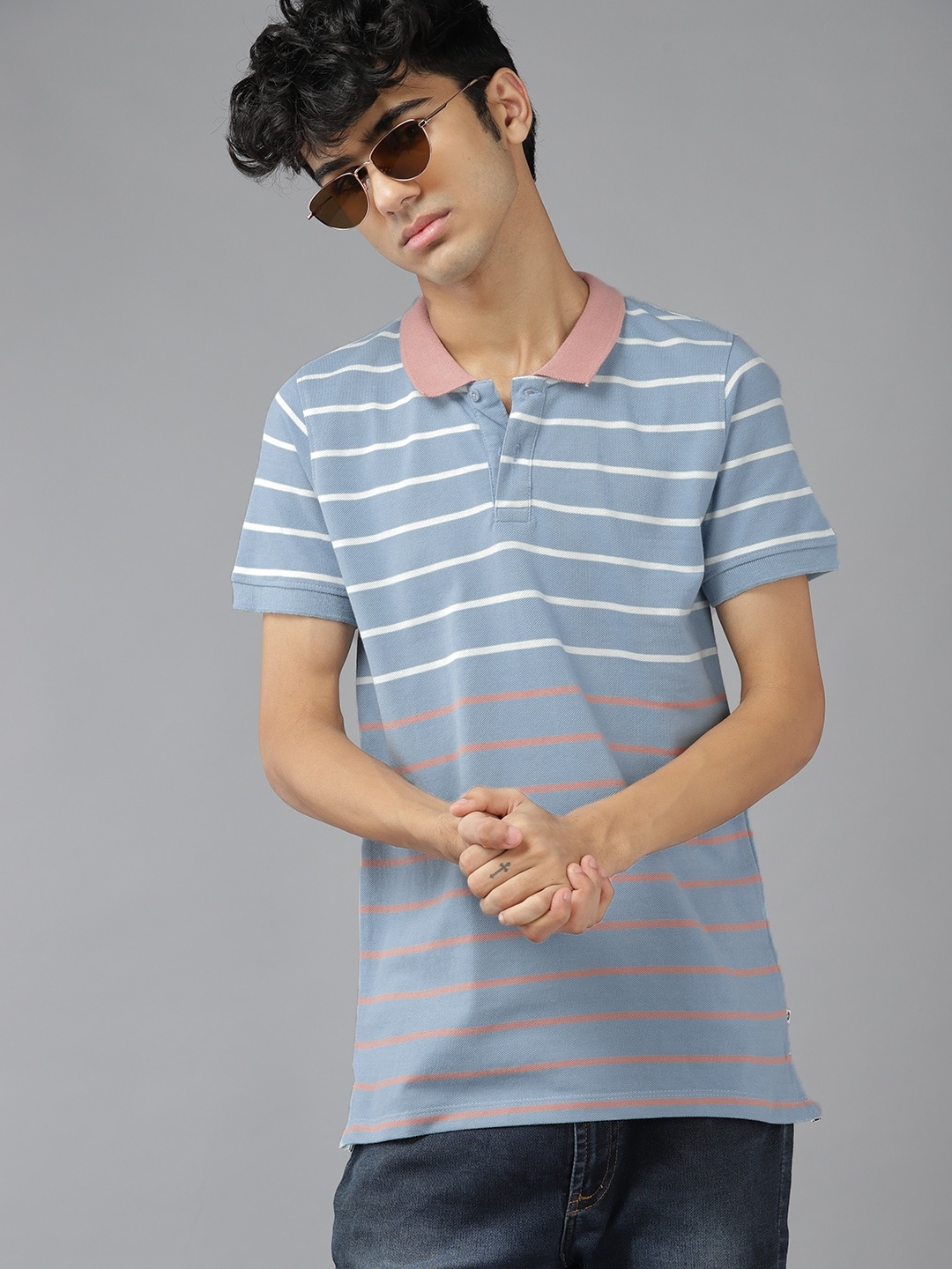 

UTH by Roadster Boys Blue & Peach-Coloured Striped Polo Collar Pure Cotton T-shirt