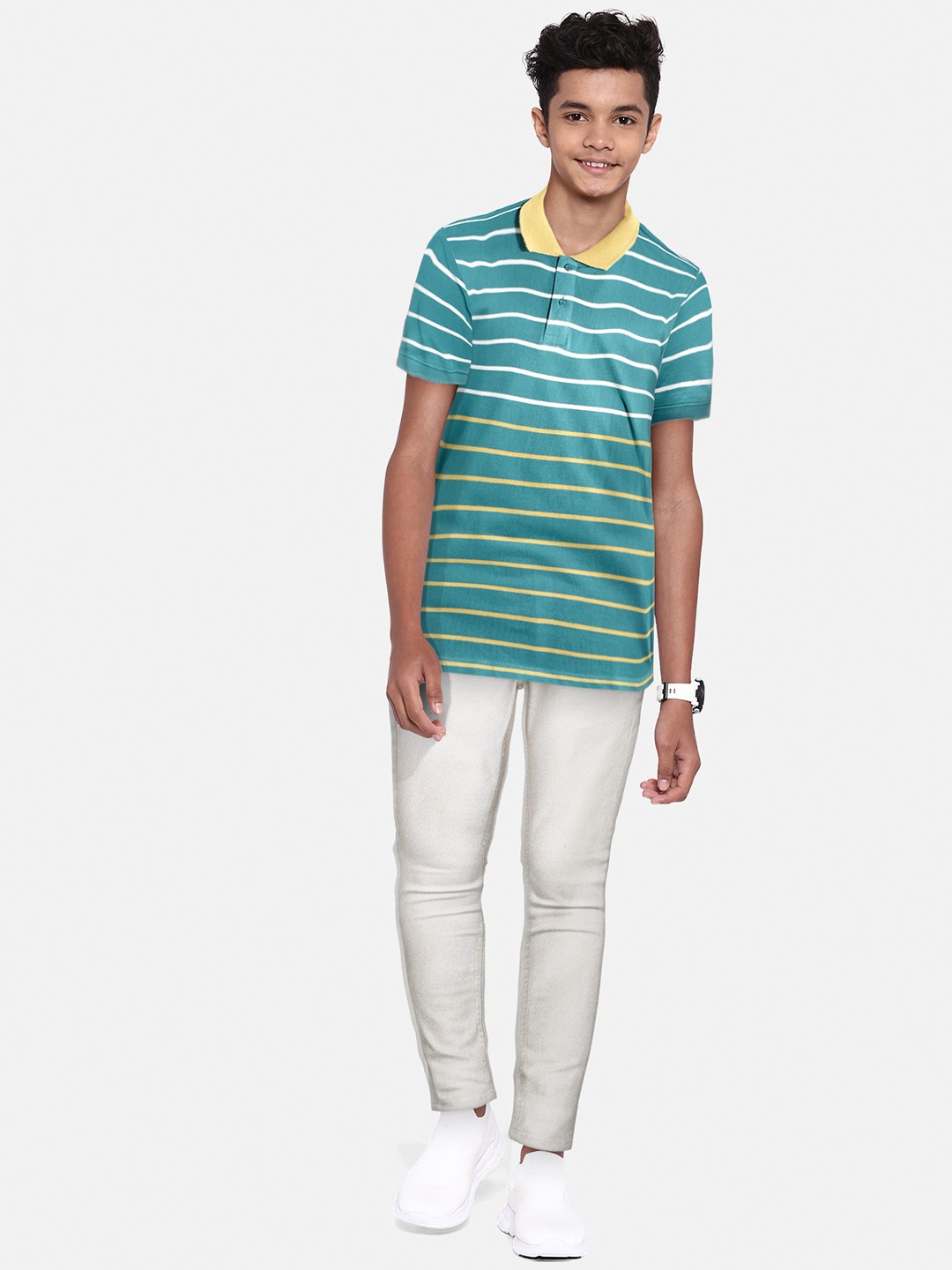 

UTH by Roadster Boys Teal Green & White Striped Polo Collar Pure Cotton T-shirt