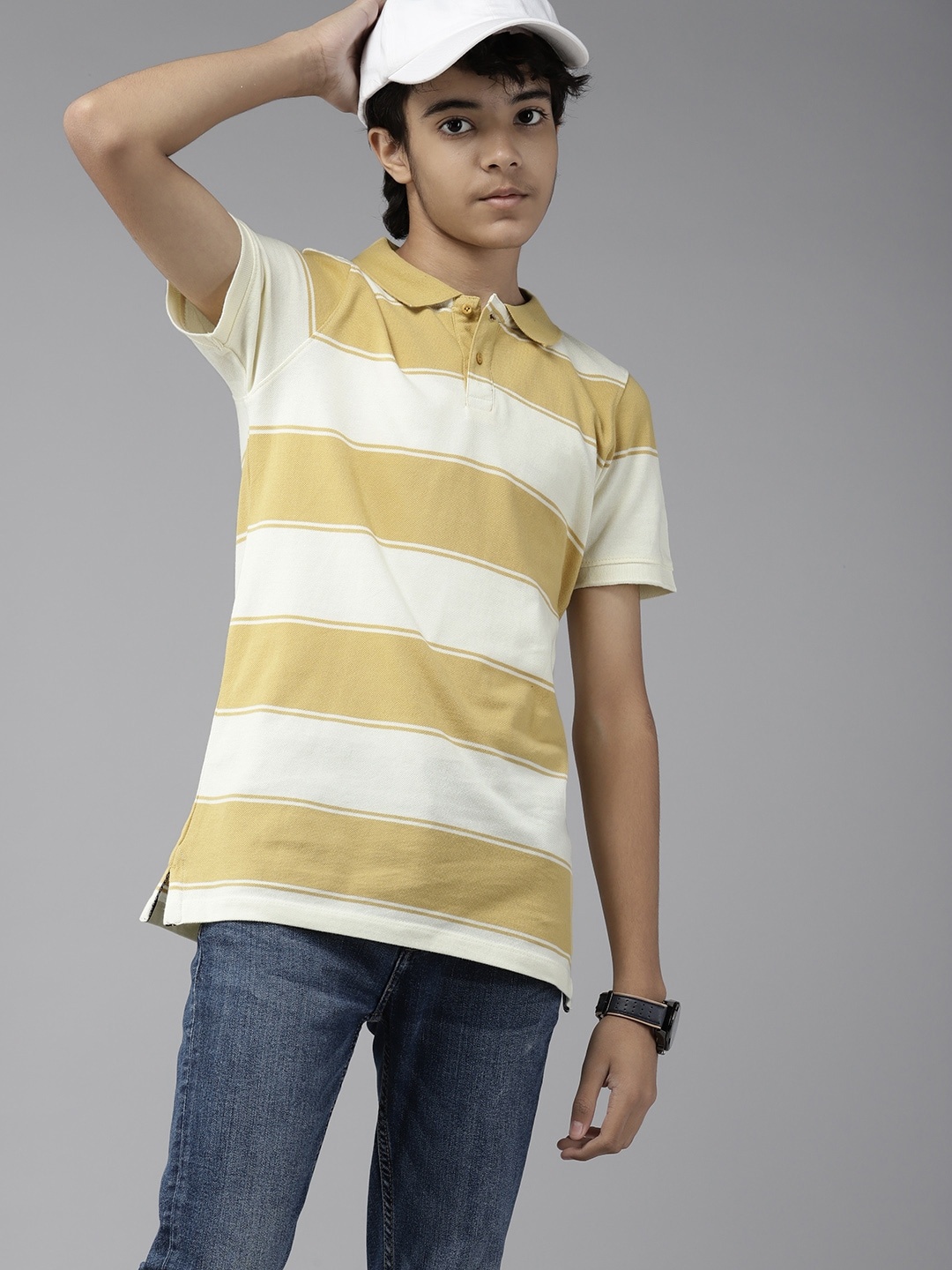 

UTH by Roadster Boys Beige &Off-White Striped Polo Collar Pure Cotton T-shirt