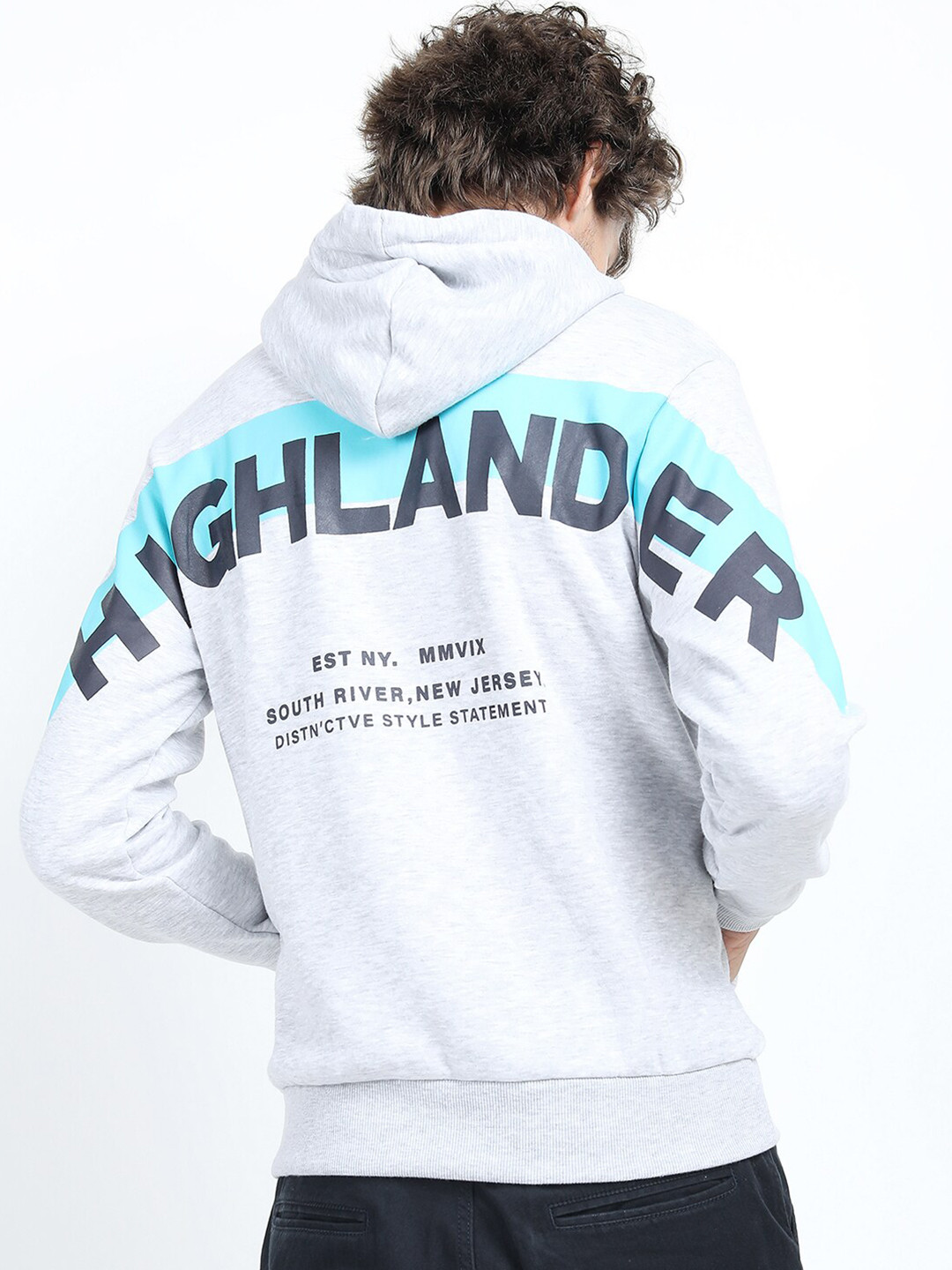 

HIGHLANDER Men Grey & Blue Brand Logo Printed Hooded Sweatshirt