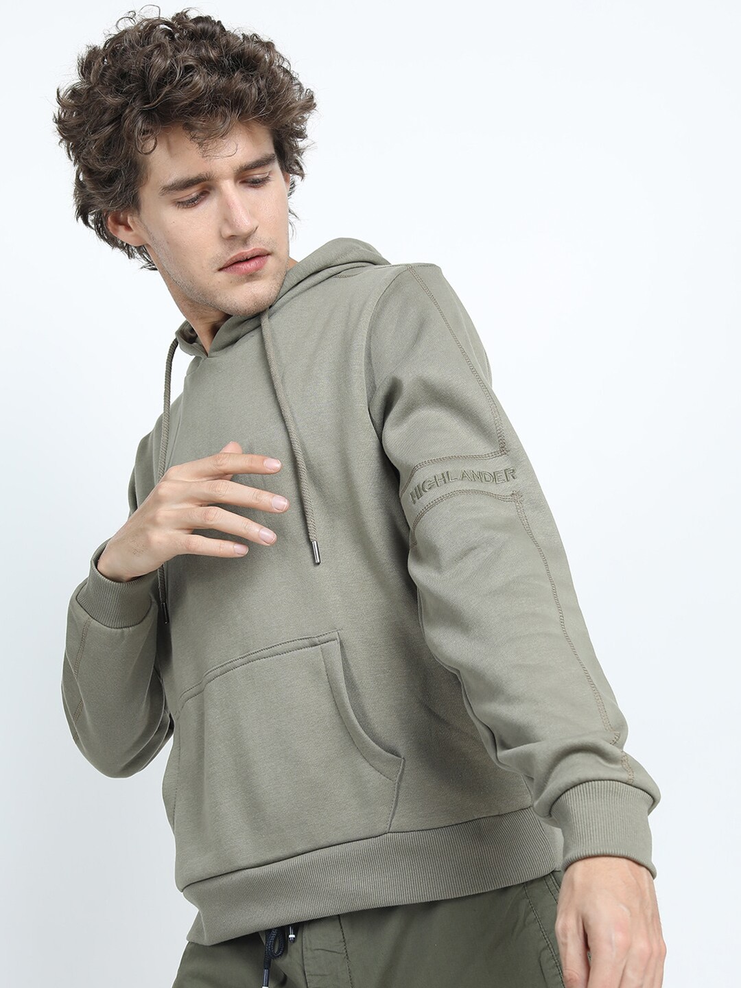 

HIGHLANDER Men Olive Green Hooded Cotton Sweatshirt