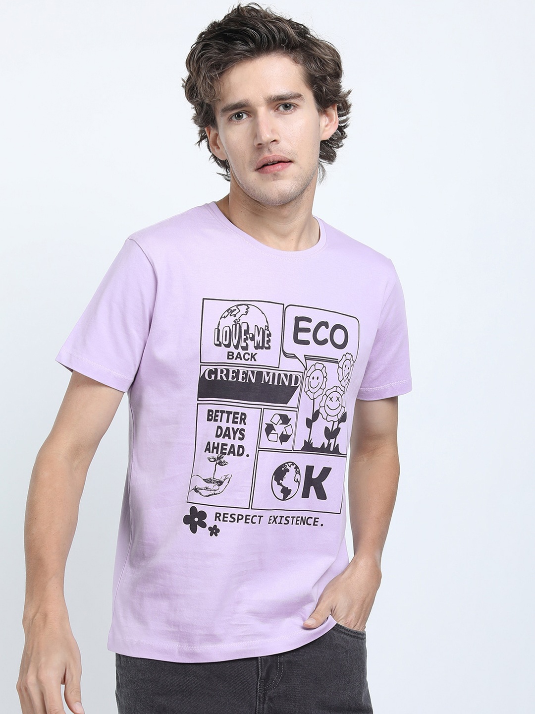 

HIGHLANDER Men Lavender & Black Typography Printed Slim Fit Cotton T-shirt