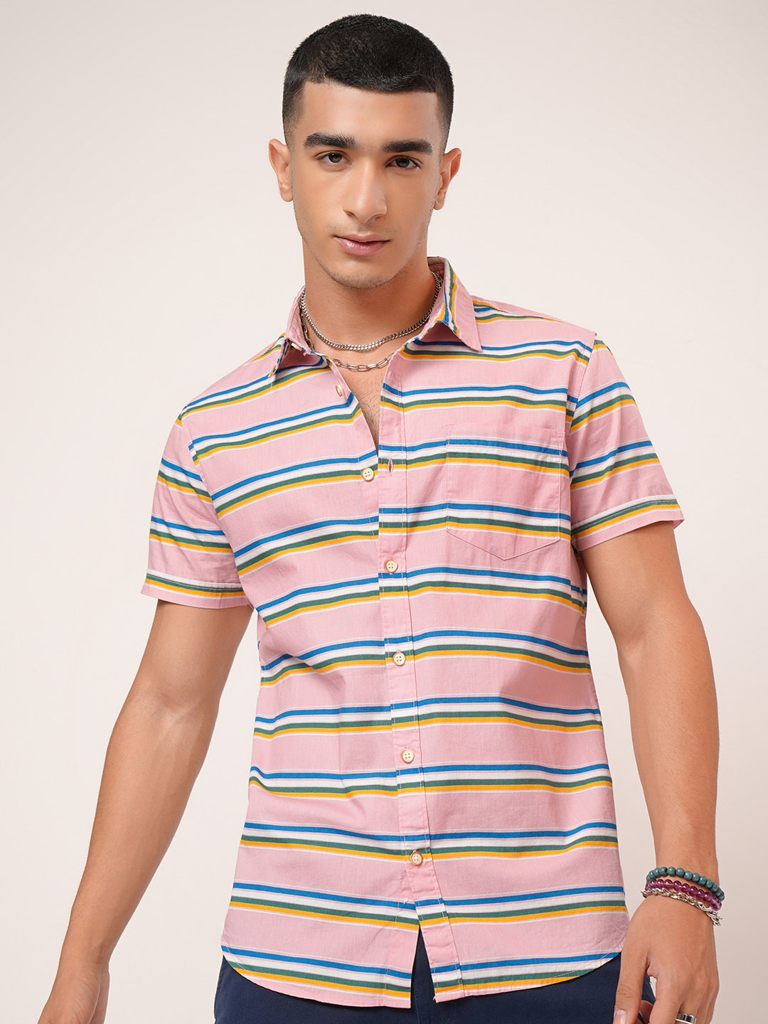 

HIGHLANDER Men Pink & Blue Horizontal Striped Slim Fit Casual Cotton Shirt