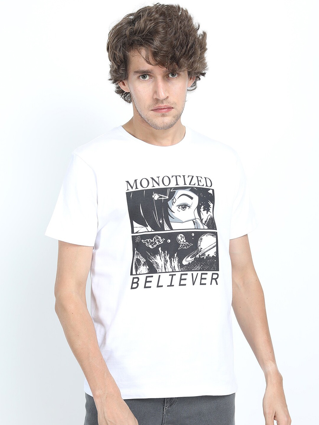 

HIGHLANDER Men White & Black Printed Slim Fit T-shirt