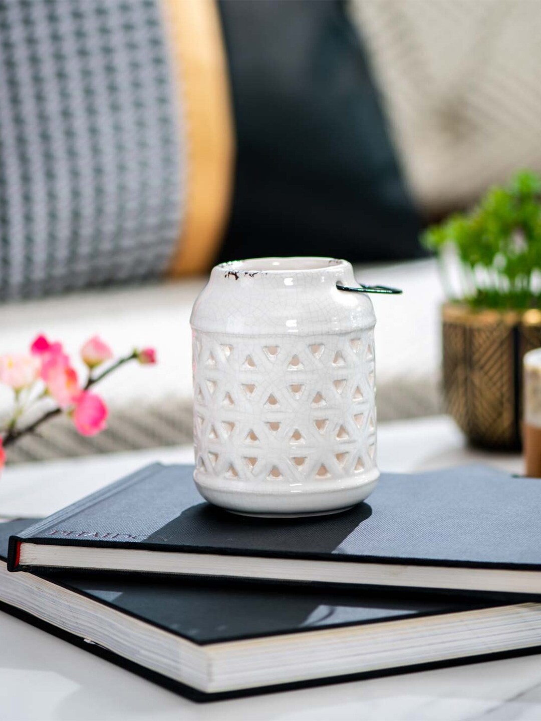 

THEDECORKART White Lantern Tea-Light Ceramic Candle Holder