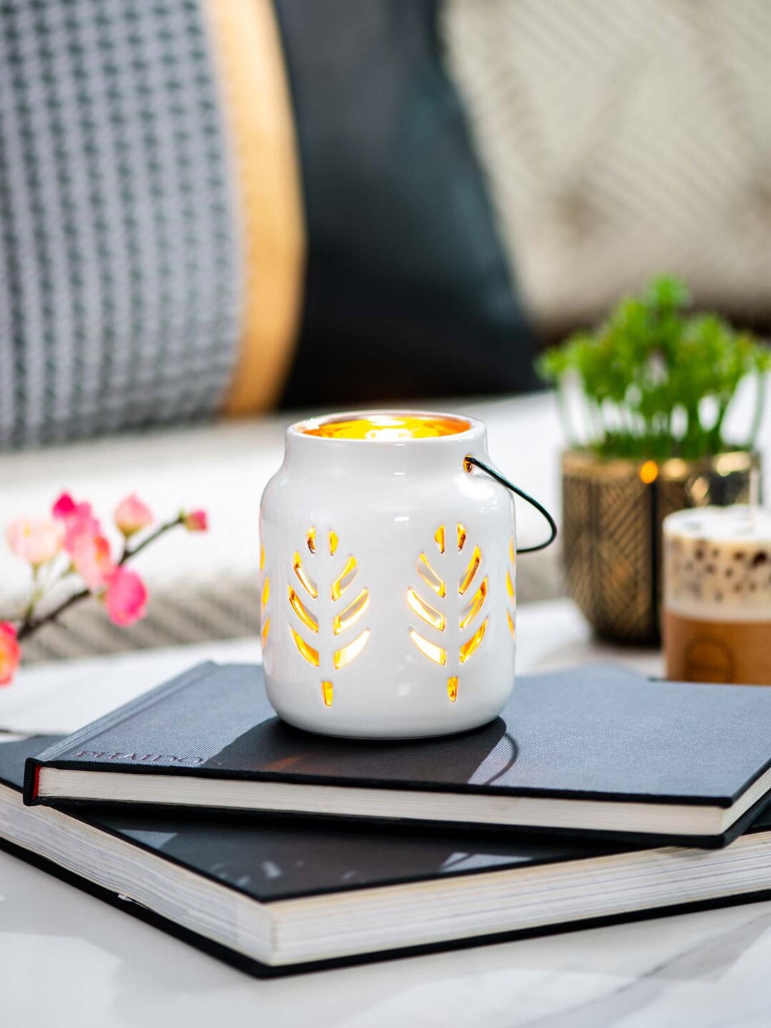 

THEDECORKART White Patterned Ceramic Lantern Tea-Light Holder