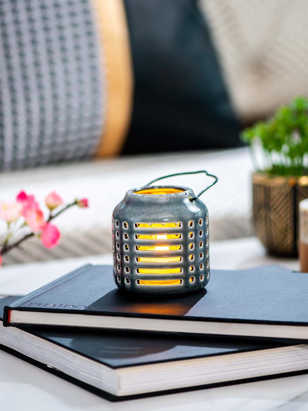 THEDECORKART Grey Patterned Ceramic Lantern Tea-Light Holder