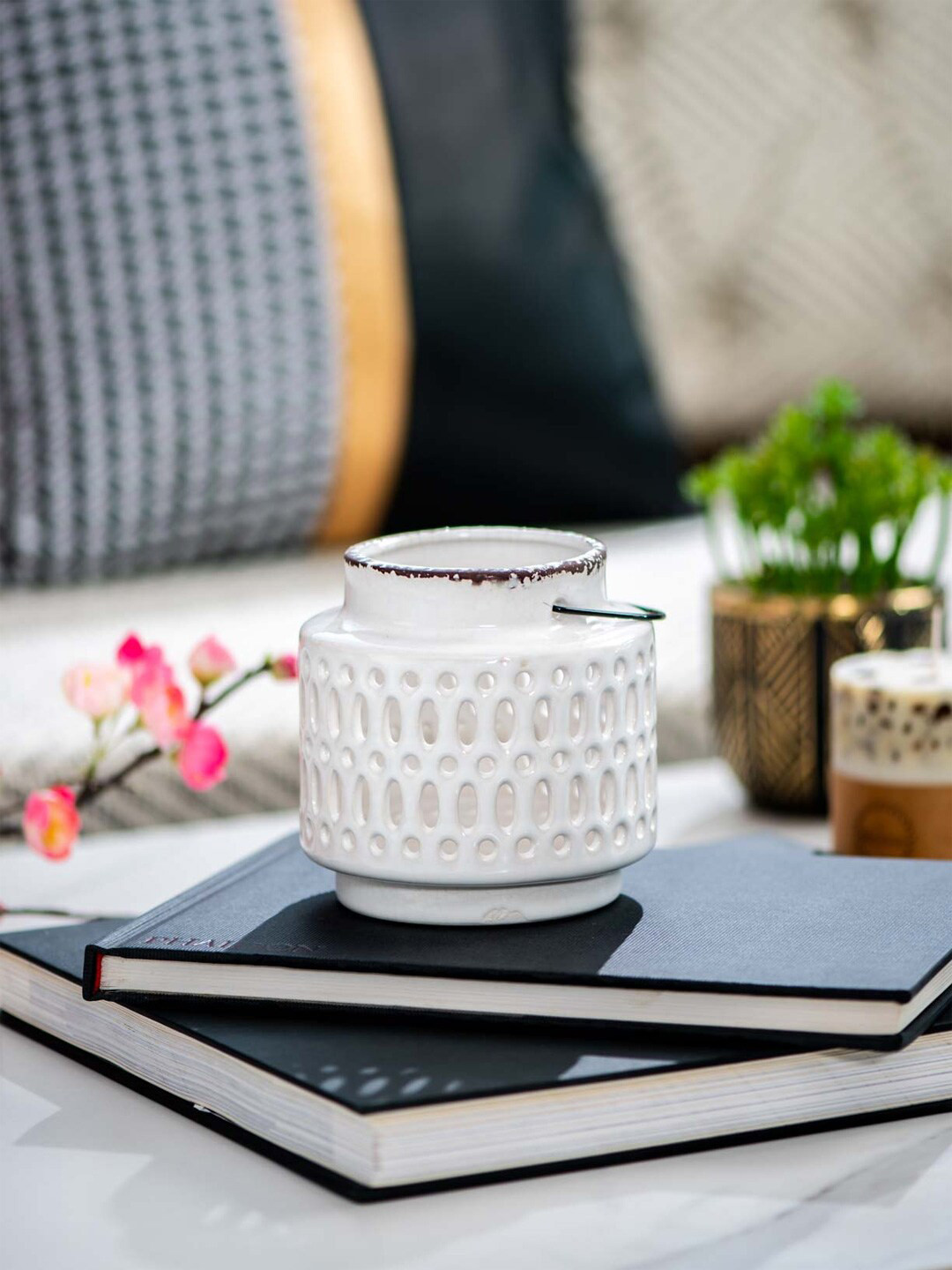 

THEDECORKART White Patterned Ceramic Lantern Candle Holders