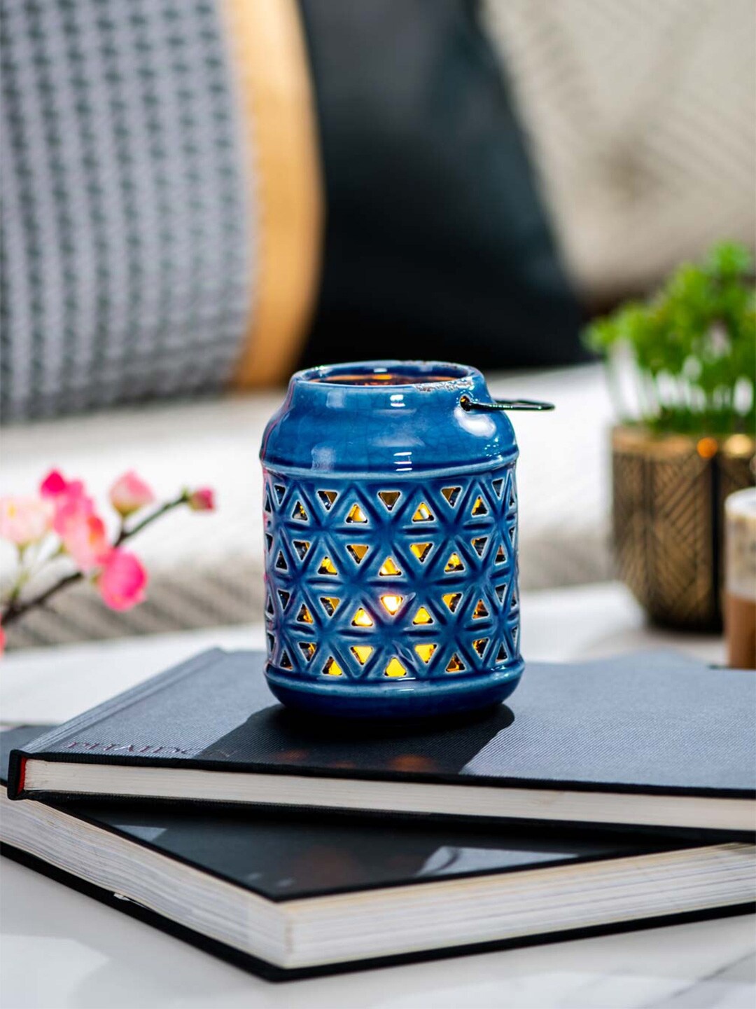 

THEDECORKART Blue Patterned Ceramic Lantern Tea-Light Holder