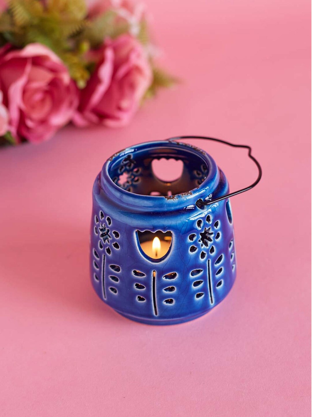 

THEDECORKART Blue Ceramic Lantern Tea-Light Holder