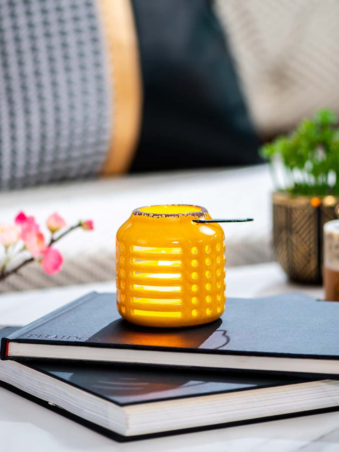 

THEDECORKART Yellow Patterned Ceramic Lantern Candle Holder