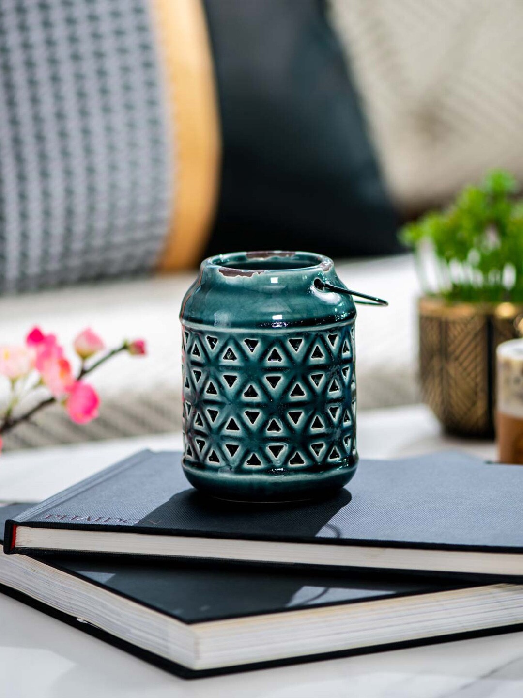 

THEDECORKART Green Patterned Ceramic Lantern Tea-Light Holder