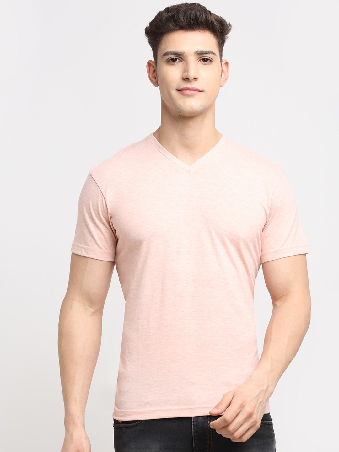

Friskers Men Coral Melange V-Neck Cotton T-shirt