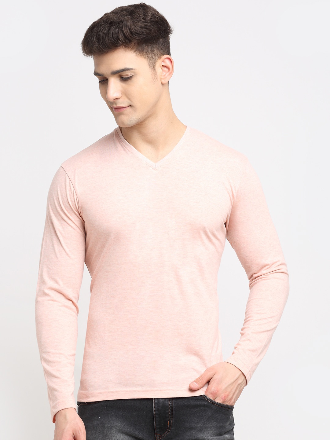 Friskers Men Peach V-Neck T-shirt