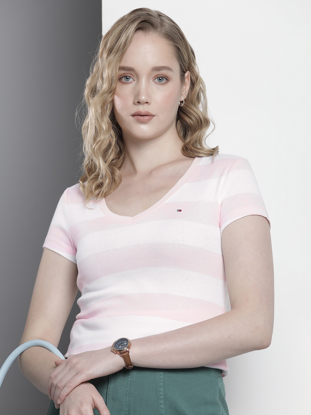

Tommy Hilfiger Striped V-Neck Pure Cotton T-shirt, Pink