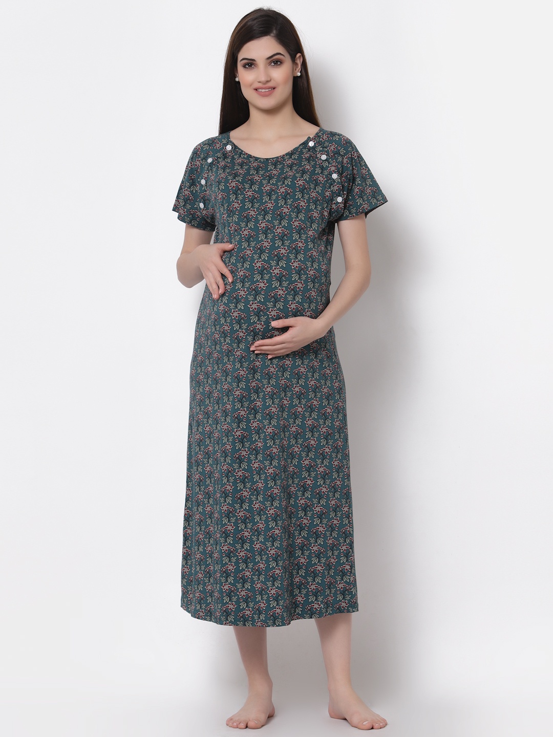 

Tiara Green Printed Maternity & Feeding Nightdress