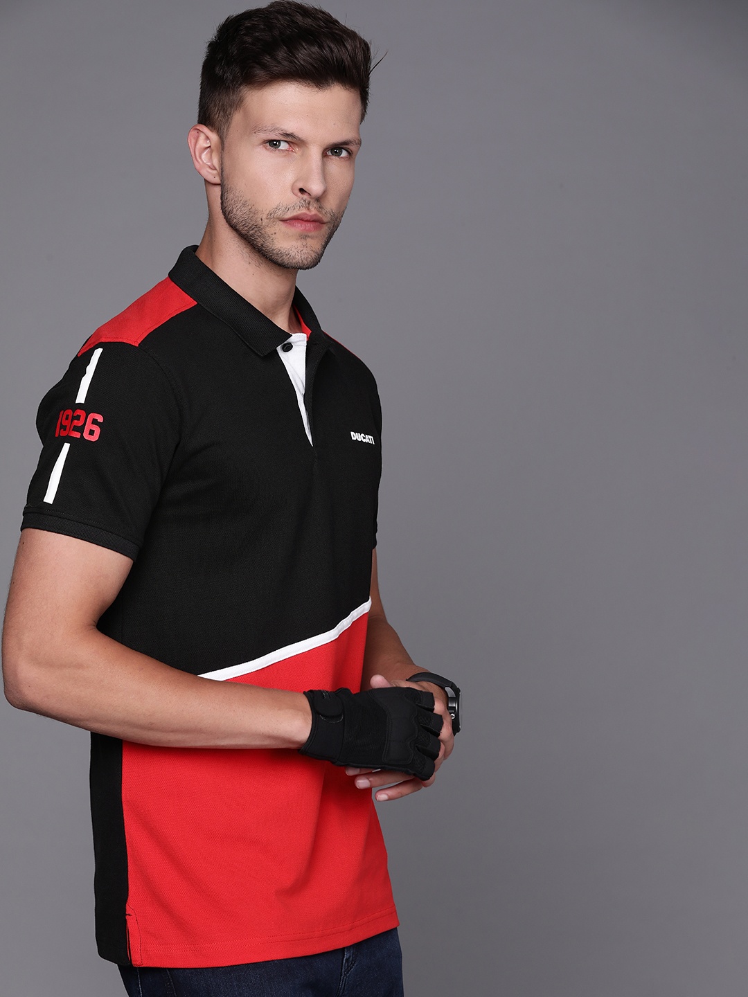 

Ducati Men Black & Red Colourblocked Polo Collar Pure Cotton T-shirt