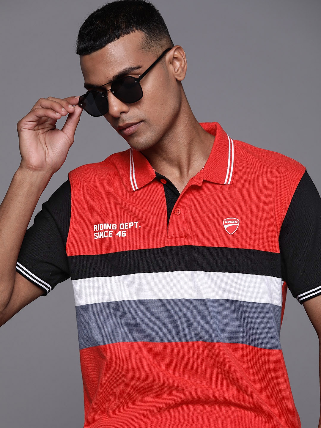 

Ducati Men Red & White Pure Cotton Striped Polo Collar T-shirt