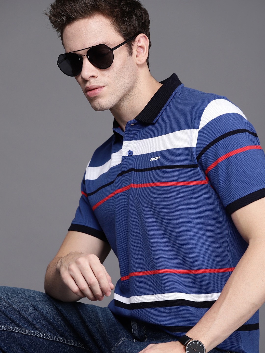 

Ducati Men Blue & White Striped Polo Collar Pure Cotton T-shirt