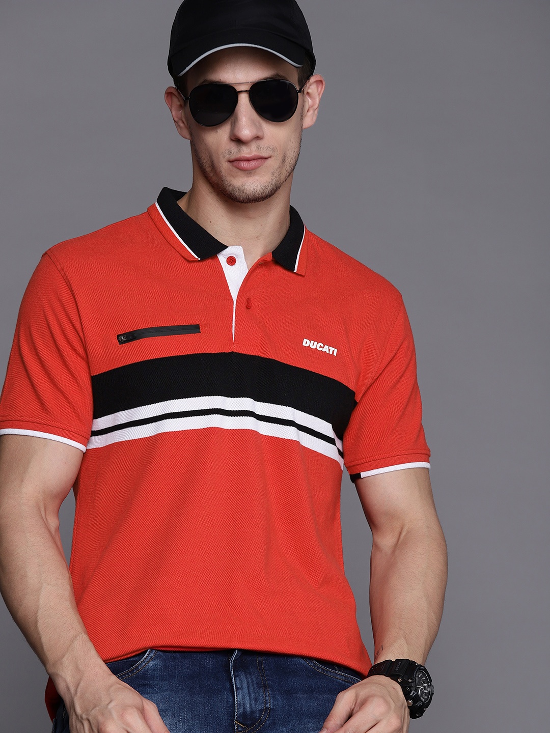 

Ducati Men Red & Black Striped Polo Collar Pure Cotton T-shirt