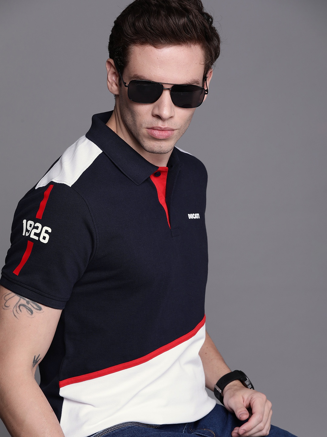 

Ducati Men Navy Blue & White Colourblocked Polo Collar Pure Cotton T-shirt