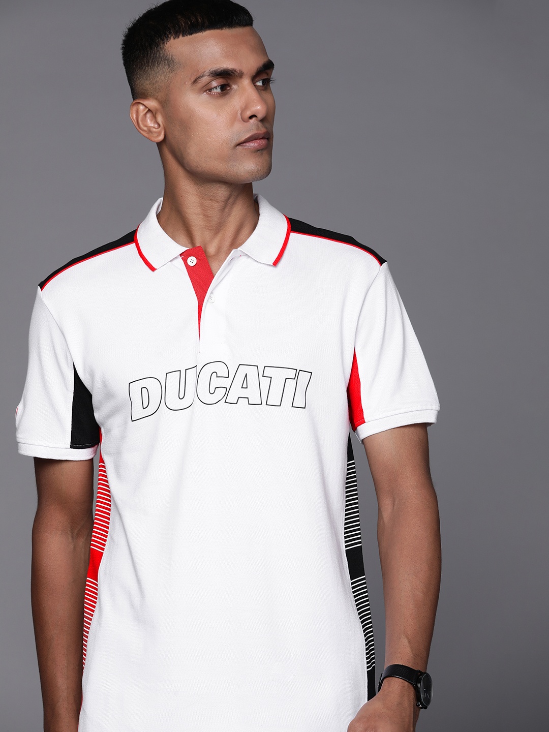 

Ducati Men White Pure Cotton Brand Logo Polo Collar T-shirt